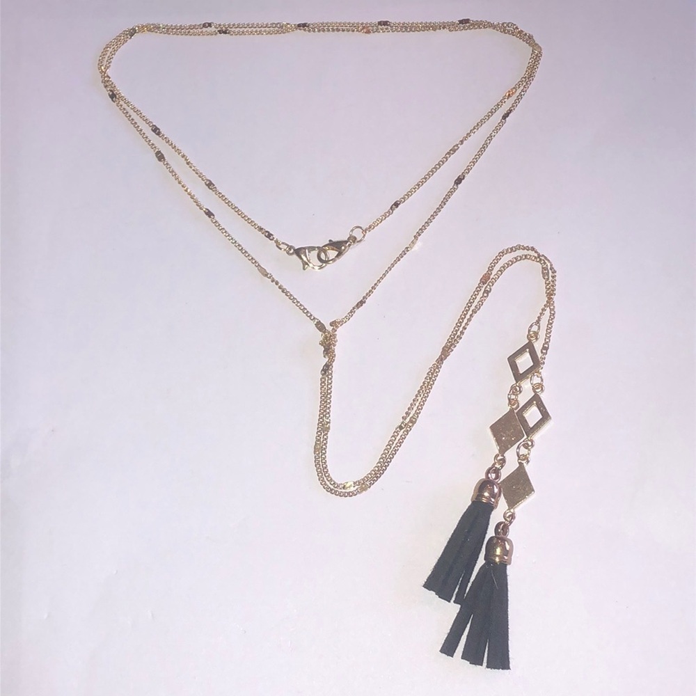 Elegant Gold Tone and Black Tassel Y Drop Boho Necklace